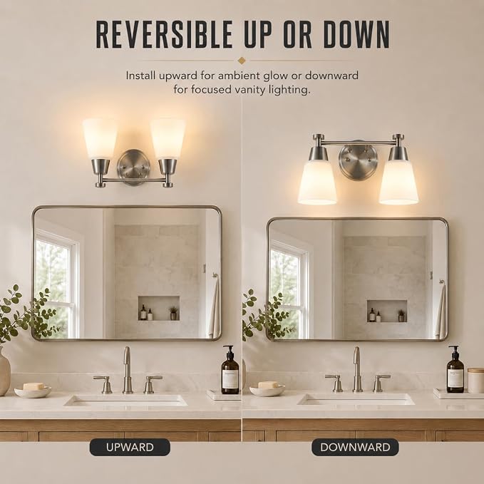 2-Light Bathroom Vanity Light, Brushed Nickel Finish with Milk Glass Shades, Over Mirror, for Bathroom Vanity