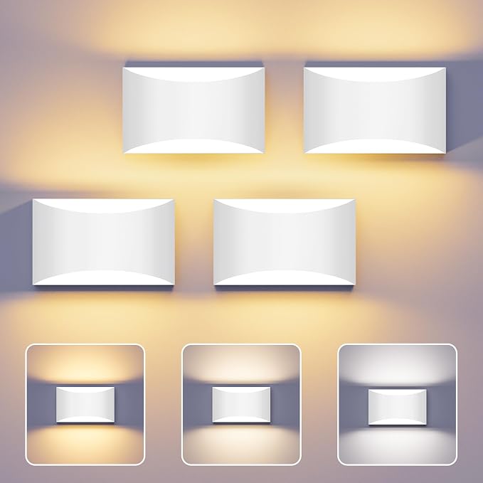 Black Modern LED Wall Sconce, 3 Colors Indoor Wall Lights, 10W Hardwired Up and Down Aluminum Wall Mount Lamp for Bedroom Living Room Hallway Corridor (White, 4 Pack)