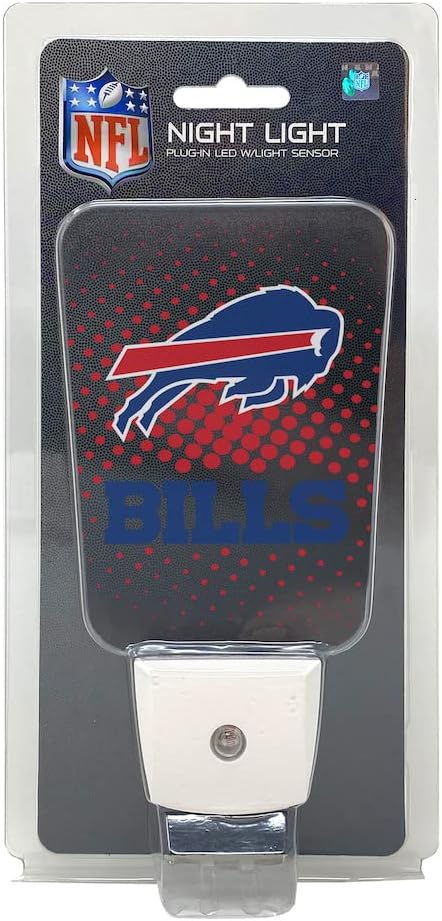 Party Animal NFL Team LED Night Light, with Auto Sensor and 3 Light Settings, Slim 5-Inch Design fits Standard Outlets, Buffalo Bills