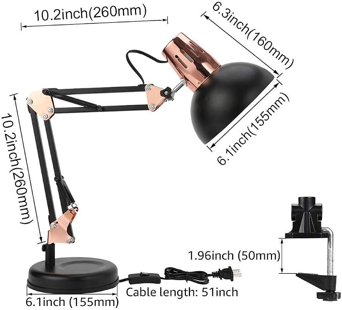PowerKing Metal Swing Arm Desk Lamps with Base & Clamp, Black Rose Gold | Adjustable Architect Lamp, On Off Switch, Fits E26 E27 Bulbs, Eye-Caring Reading Light, for Home Office Work Study
