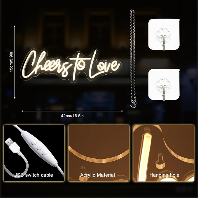 Lucunstar Cheers to Love Neon Sign Wedding Neon Sign Led Lights for Room Warm White Wall Decor Light Signs for Wedding USB Powered Sign Decor 16.5"X5.9"