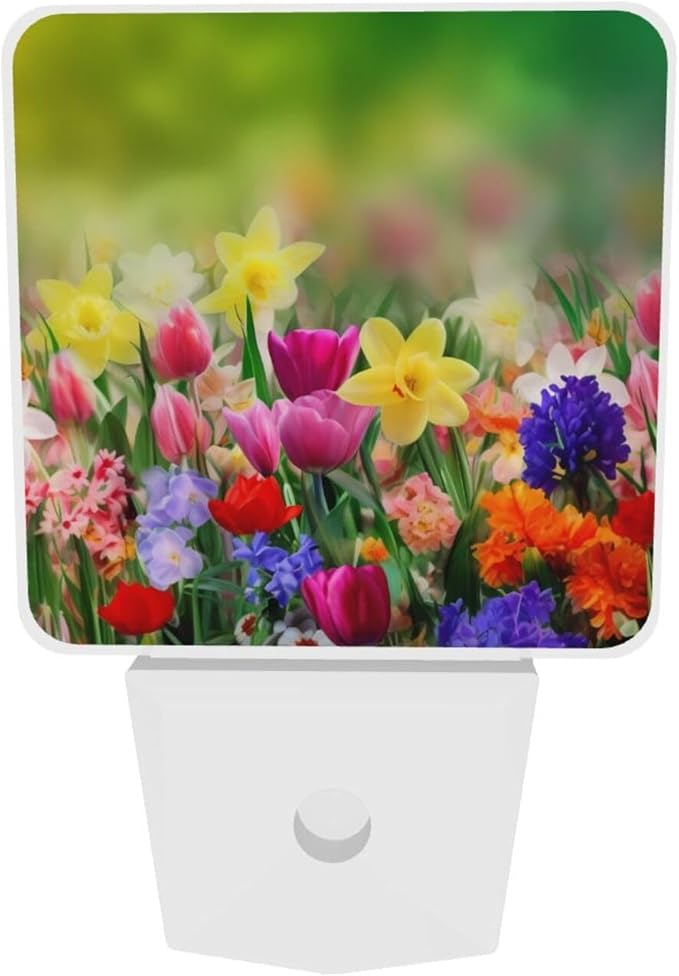Summer Colorful Flowers Night Light Set of 2, Spring Floral Auto Sensor LED Dusk-to-Dawn Nightlights, Plug-in Sensor Lamp for Bedroom Bathroom Kitchen Hallway Stairs Decorative