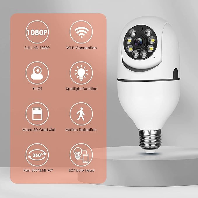 2Pcs Light Bulb Security Camera 2.4GHz & 5G WiFi Outdoor, 1080P E27 Light Socket Security Camera, Indoor 360° Home Security Cameras, Full Color Day and Night, Smart Motion Detection (2PCS, Support 5G)