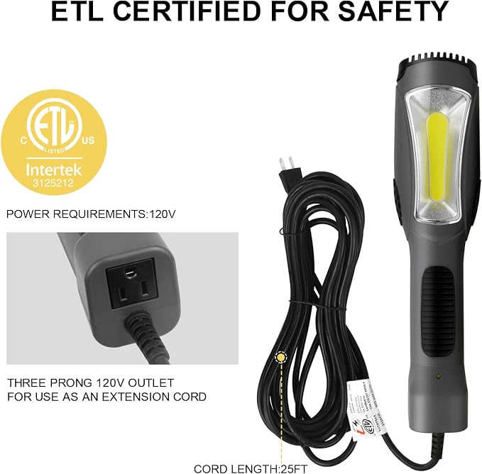 LED Work Light (25FT), 1600LM COB LED Trouble Light with Cord 16 Gauge SJTW, Swivel Hook, Strong Magnet, ETL Listed, Suitable for Mechanic Garage, Workshop, Car Repair (Gray)