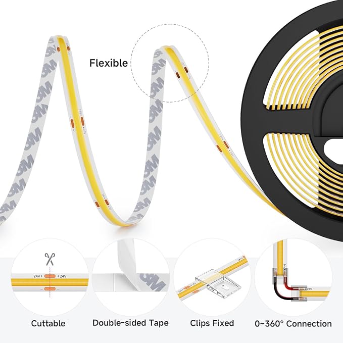 BTF-LIGHTING FCOB COB LED Strip Warm White 3000K, UL Listed 528LED/m High Density Uniform Light, 32.8FT DC24V CRI 90+ 10mm Width Tape Light for Home Indoor DIY Lighting(No Adapter or Controller)