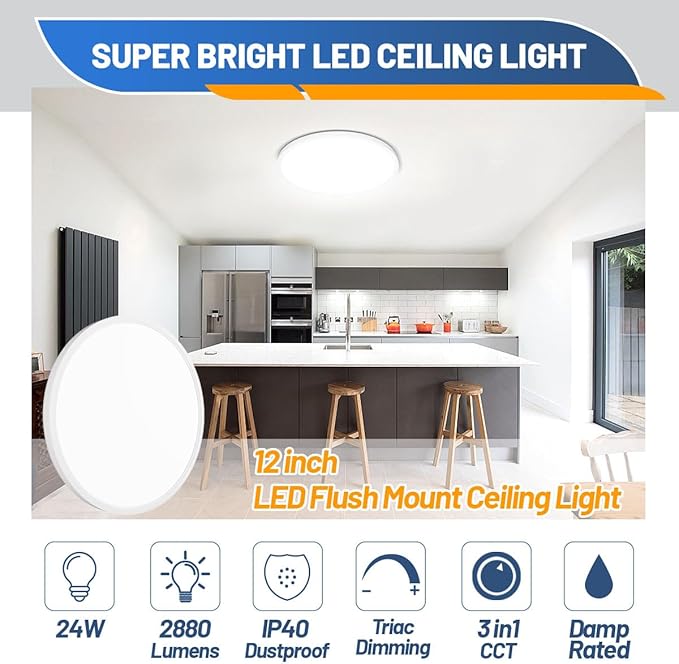 Allsmartlife 12 Inch LED Flush Mount Ceiling Light, 24W 3CCT 3000K/4000K/6500K Bathroom Ceiling Light Fixtures Round