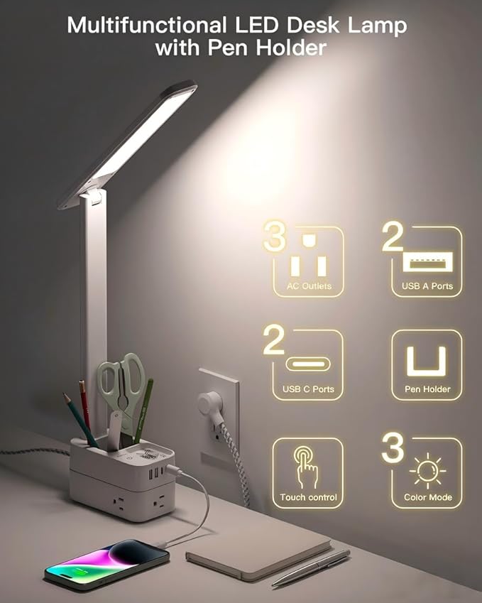 Addtam Desk Lamp with Pen Holder, LED Desk Lamps for Home Office, Power Strip with 3 Outlets 4 USB Charging Ports(2 USBC), 3 Color Modes Touch Lamp, Study Lamps for College Dorm Room Essentials, White