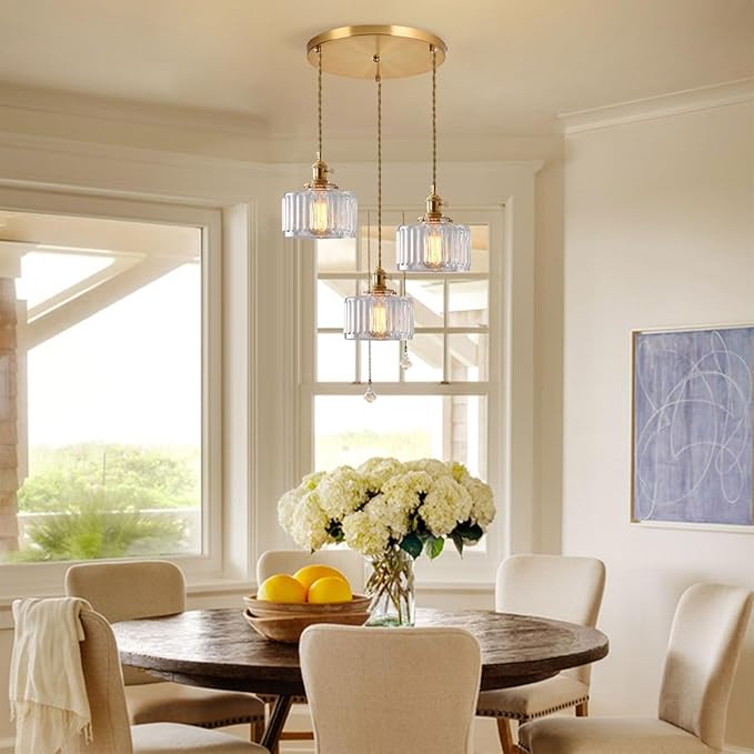 Cluster 3-Light Kitchen Island Chandelier Glass Globe Ceiling Pendant Light Clear Striped Shade Mid Century Modern Chandelier Brushed Gold Hanging Lights Fixture Multi Chandeliers