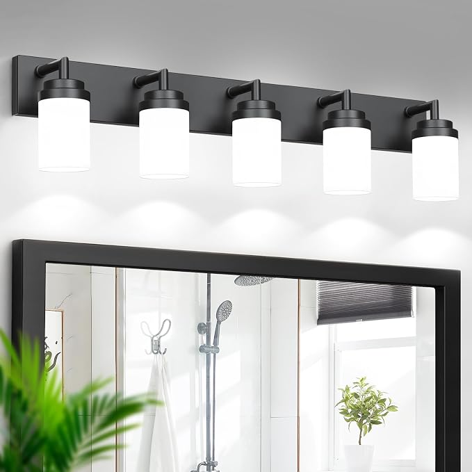 Bathroom Light Fixtures, Matte Black Bathroom Lighting Fixtures Over Mirror, Modern Vanity Light with White Glass Shade, Restroom Lighting Fixtures, 5-Light 36-inch