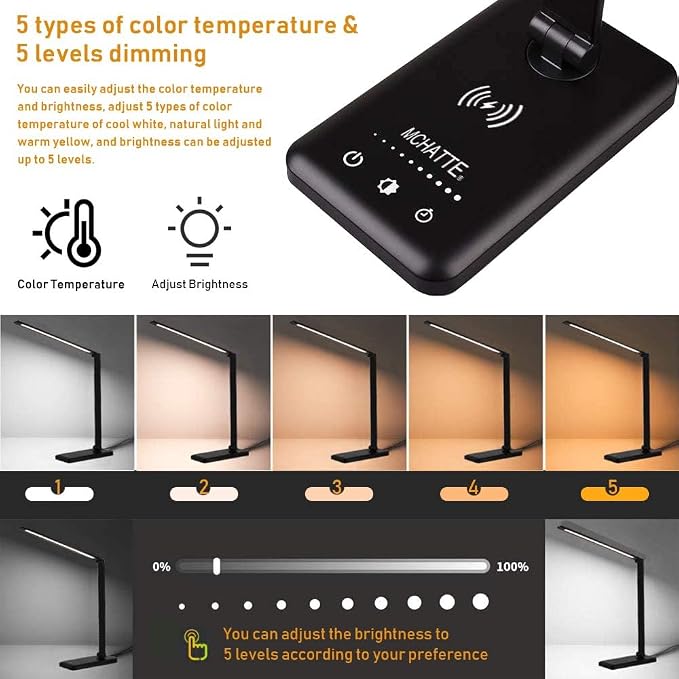 LED Desk Lamp with Wireless Charger,Touch Lamp for Home Office Dorm | Dimmable Eye-Caring Lamp,5 Color Modes & 5 Brightness,Metal Lamp Desktop Lamp for Study,Work,Reading,30/60 Minutes Timer