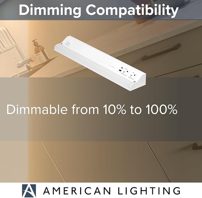 American Lighting LED Courant Plus Undercabinet Light 18 Inch White | 5CCT, 90+ CRI, 1000 Lumens, USB-A USB-C and 20A Receptacles, Title 24 Compliant