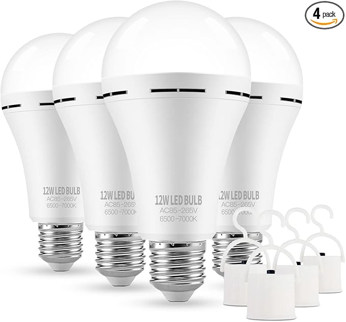 Rechargeable Emergency LED Light Bulbs for Home Power Failure | Listed Battery Operated Light Bulb Power Outage Camping Reading Lighting Hurricane 12W 800LM E26 4 Pk (Daylight)