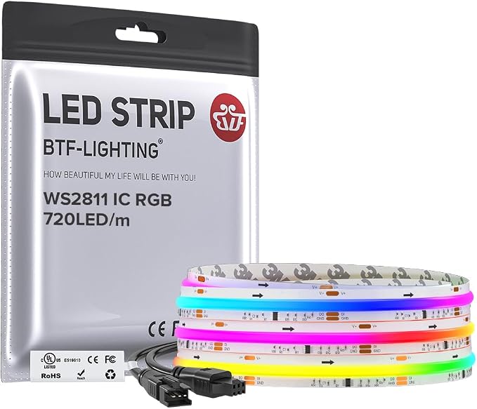 BTF-LIGHTING WS2811 Smart IC RGB FCOB COB LED Strip, UL Listed 720LEDs/m High Density Color Chasing Uniform Light, DC24V 9.8FT 12mm Width Tape Light for Home Party DIY Decor(No Adapter or Controller)
