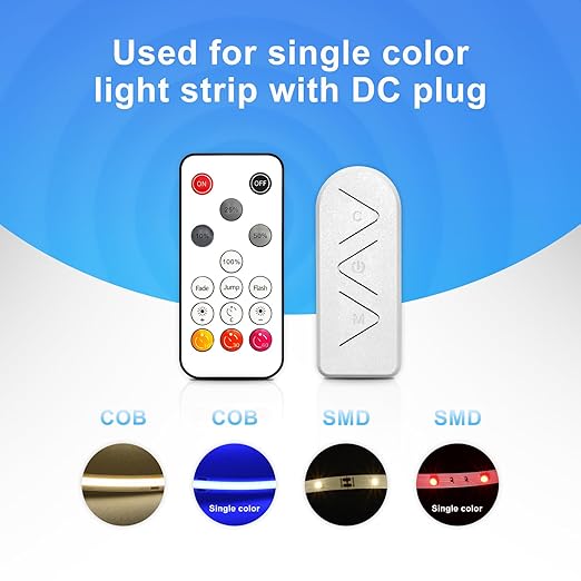 1-Way DC 12-24V Led Strip Light Dimmer Switch for Single Color with DC Plug,15-Key Wireless RF Remote and in-line Controller for 3528/2835/5050/COB LED Strip Lights, Timer Function