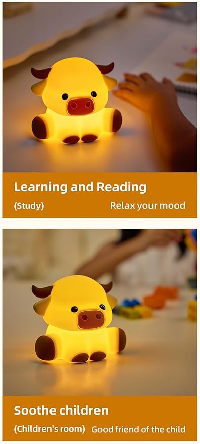 Cute Highland Cow Night Light, Squishy Highland Cow Novelty Animal Lamp, 3 Level Dimmable Nursery Nightlight with Timer, Food Grade Silicone Touch Night Light Fun Gifts for Kids Boys Girls Baby