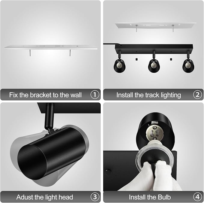 LED Track Lighting Ceiling Fixtures, Black 3-Light Plug in Track Lights for Kitchen, 3 Way Ceiling Spotlight, 15 FT Cord,Flexibly Rotatable Wall Mount Light Head for Bedroom Hallway