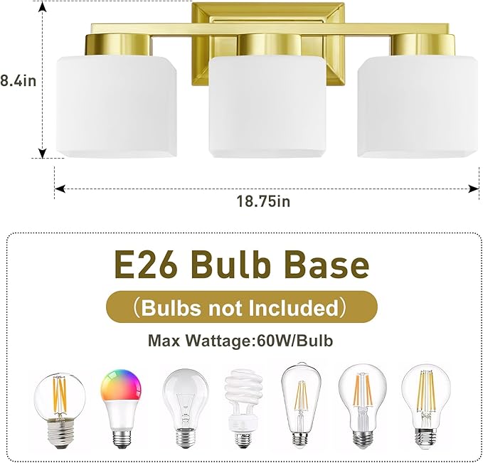 3-Light Bathroom Light Fixtures - Gold Bathroom Vanity Lights with Glass Shade Modern Bathroom Lighting Fixtures Over Mirror - Wall Sconce Lamps for Bedroom,Living Room,Hallway