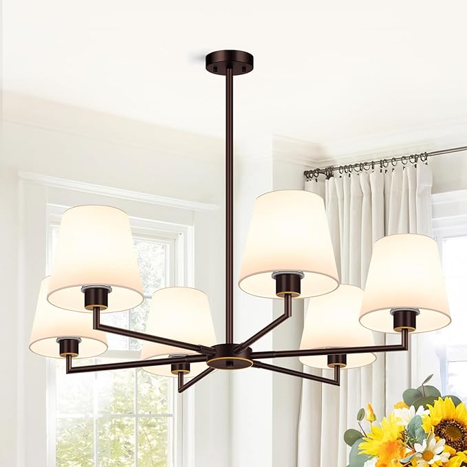 36" Oil-Rubbed Dining Room Light Fixture, No Assembly Required 6-Lights Kitchen Chandelier for Dining Room with White Fabric Shade, Chandelier Ceiling Light Fixture for Kitchen Bulb Not Included