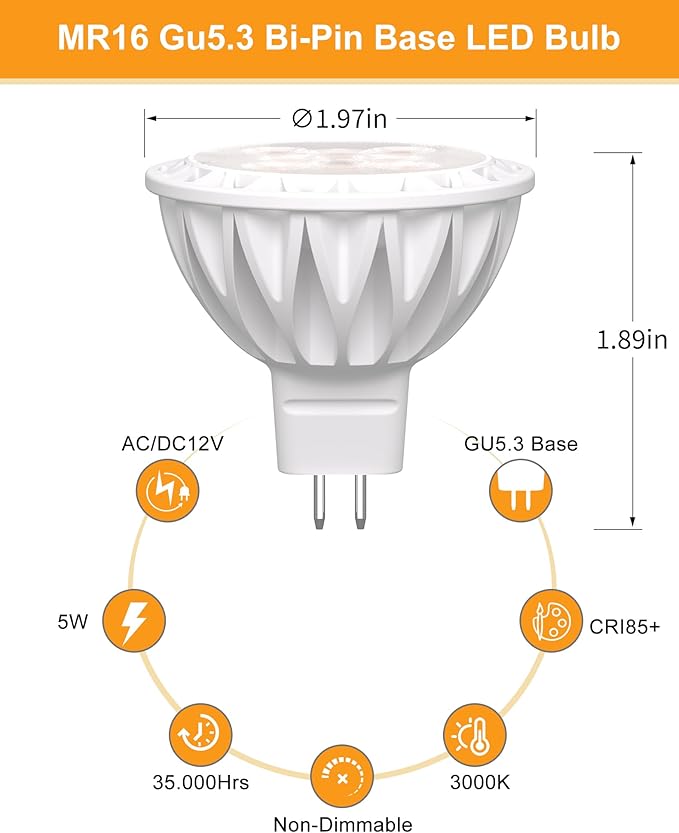 MR16 LED Bulbs 6-Pack 3000K Warm White 5W GU5.3 38° Beam Angle Non-Dimmable for Landscape & Indoor Accent Lighting