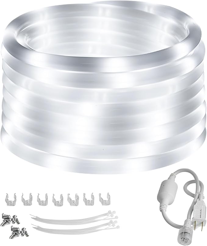 20ft Outdoor LED Rope Lights, Daylight White, 110V, Connectable, Waterproof, Flexible LED Rope Lighting for Indoor Outdoor Decoration, Garden, Patio, Bedroom,Party.