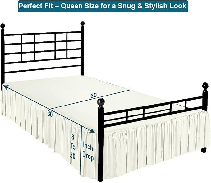 Shreem Linen Ruffled Bed Skirt with Split Corners, Gathered Style, 100% Microfiber, 16-Inch Drop, Dust Ruffle Bedskirt with Platform, Queen, Ivory