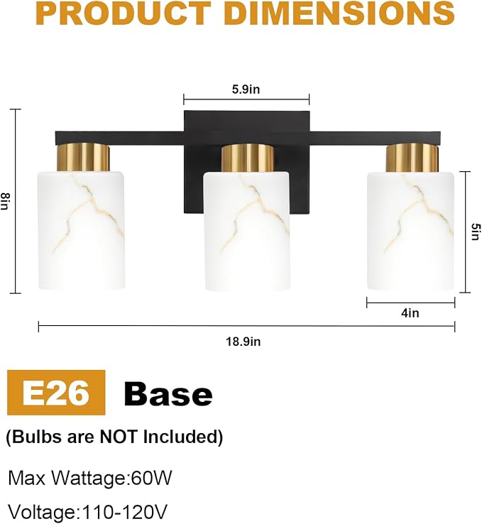 3-Light Bathroom Light Fixtures, Modern Vanity Lights, Black and Gold Metal Wall Lamp with White Marble Glass for Bathroom, Mirror, Living Room, Bedroom, Cabinet, Porch, Hallway, E26 Base