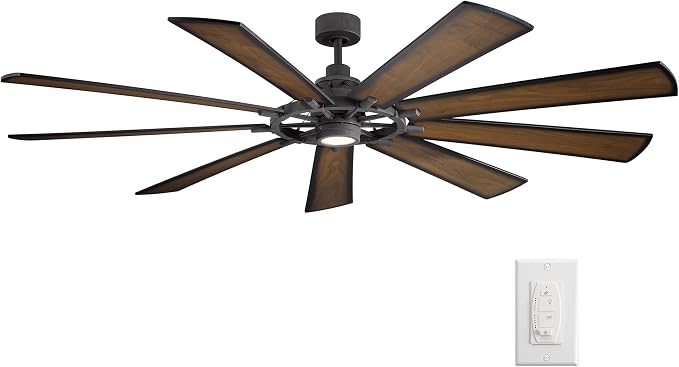 Kichler Gentry XL 85" Ceiling Fan with LED Light, Distressed Black | 9-blade industrial fan with dimmable LED light and DC motor for large indoor spaces, 300285DBK