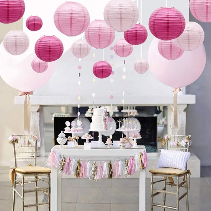 Pink Round Chinese Paper Lanterns Decorative, 15pcs Hanging Paper Lanterns for Birthday Party Valentines Day Bridal Shower Baby Shower Wedding & Girls Party Decorations Light Pink/Pink/Hot Pink