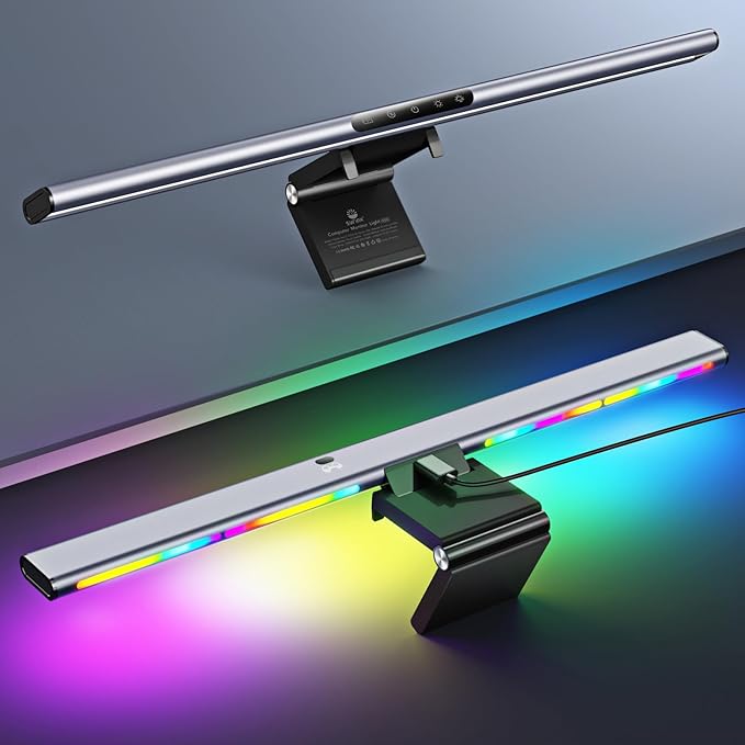 Syrinx 16.7" Computer Monitor Light Bar with Ambient Backlight, USB Reading LED Lamp, Screen Monitor Lamp, Touch + Gesture Control, Dimmable Desk Light, Eye-Caring, No Screen Glare for (RGB)