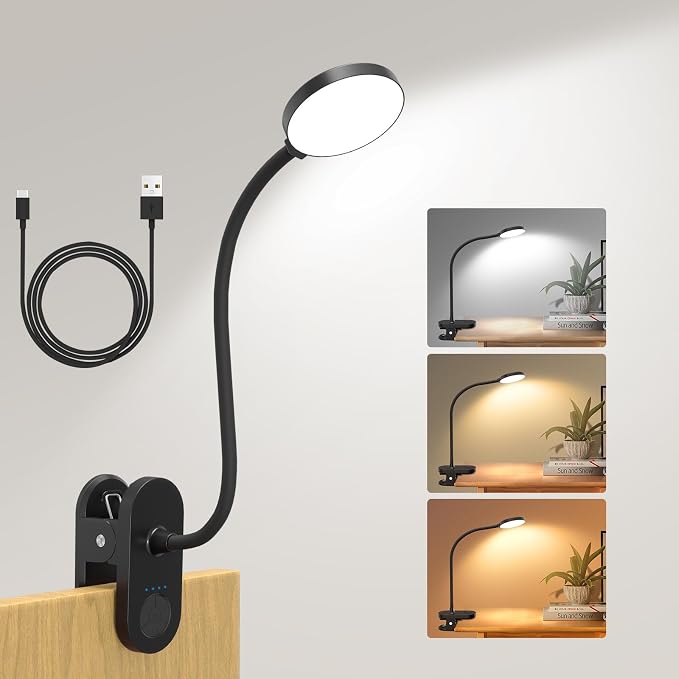 Rechargeable Clip on Light for Bed, 61 LED Cordless Reading Lamp with 3 Color Modes & 10 Brightness Levels, Portable and Flexible Book Light Clamp on Office Desk Bunk Bed Dorm Headboard (Black/3.5'')