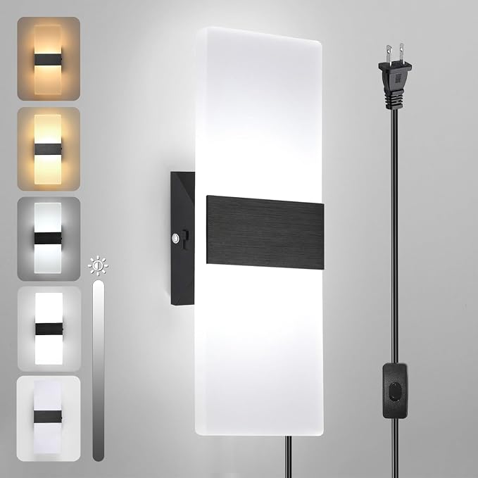 TRLIFE Modern LED Wall Sconce, Adjustable 4 Color Temperature 12W Morden Wall Sconce Plug in, Acrylic Wall Mounted Light Wall Lights with 6FT Plug in Cord for Bedroom Bedside Stairway(1 Pack, Black)