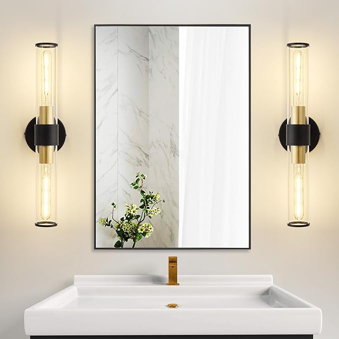 Black and Gold Wall Sconce, Bathroom Light Fixtures in Clear Glass Indoor Wall Sconces, Modern Sconce Wall Lighting Up and Down Vanity Lights Fixtures for Bathroom - Bulb Not Included