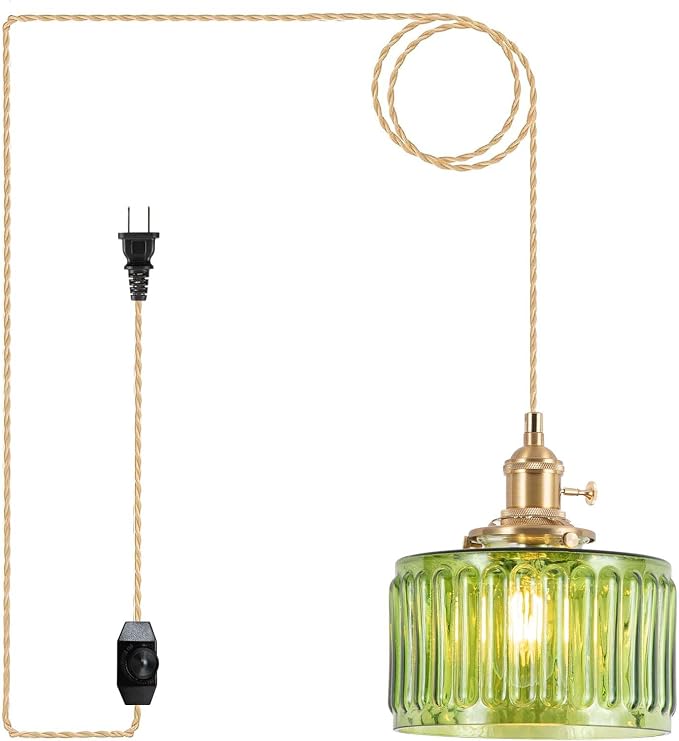 Pendant Light Fixtures,Plug in Hanging Light Fixture Green Glass 6.6in Pendant Light,E26 Pendant Lighting for Kitchen Island, Bedroom, Dining Room, Living Room