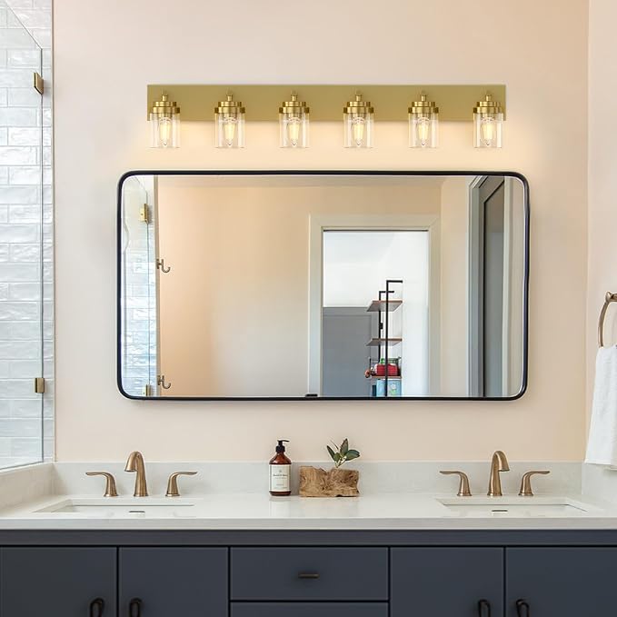 IZORRO Bathroom Vanity Light Fixture, 6-Light 46 Inch Gold Bathroom Light Fixtures Over Mirror, with Clear Glass Shade, Modern Farmhouse Vanity Lights, Rustic Restroom Lighting Fixtures