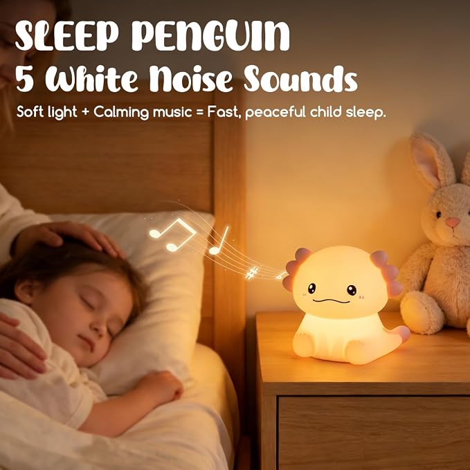 LEDHOLYT Cute Axolotl Night Light for Kids, 3 Adjustable Brightness Levels & 6 White Noise Sounds,Rechargeable Variable Color Axolotl lamp Gifts,Cute Room Decor Night Light for Kids Girls Boys