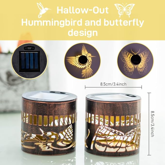 Solar Lantern Outdoor Waterproof,2 Pack Solar Lights Outdoor with Hummingbird & Butterfly Designs, Garden Decor for Patio Yard Tabletop, Unique Birthday Gifts for Women Grandma Gifts