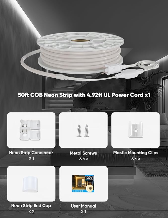 COB Led Neon Rope Lights 50ft 6000K Cool White, 110-120V Outdoor Waterproof Lighting Strip 600lm/m Super Bright, Cuttable and Adhesive, for Roof Bedroom Garden Commercial
