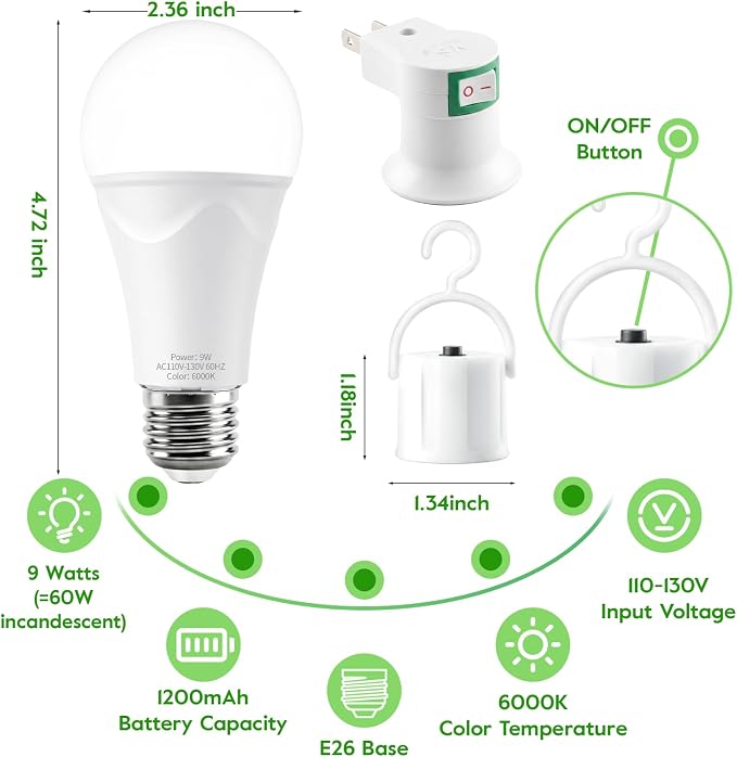 Rechargeable Light Bulbs, 9W Battery Operated Light Bulbs | Power Outage Lights, Emergency Lights for Home Power Failure, 6000K Daylight, 4 Pack