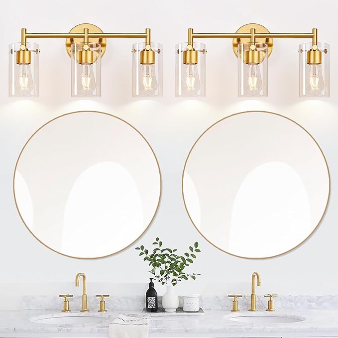 Bathroom Light Fixtures, 3-Light Brushed Gold Vanity Light, Gold Bathroom Lights Over Mirror with Clear Glass Shade, Wall Sconces for Mirror Bedroom Living Room Hallway