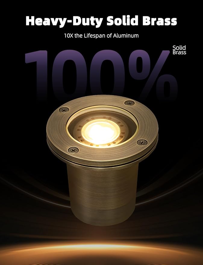 MALORY Brass Landscape Well Lights, (φ99 mm) 12V Low Voltage Outdoor In Ground Lights,Landscape Lighting for Pathway, Driveway, Garden 1 Pack with Bulb (Full Brass -01A, 10-Pack with Bulb)