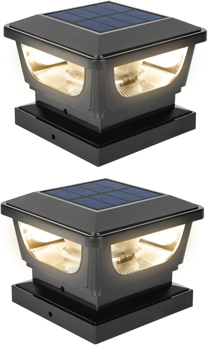 Sumaote Solar Post Cap Lights, 120 Lumen 3000K Warm White LED for 3x3 Metal/Vinyl & 4x4 Wood Posts, IP65 Waterproof Outdoor Garden Fence Deck Lighting, Dusk-to-Dawn Auto On/Off (2 Pack)