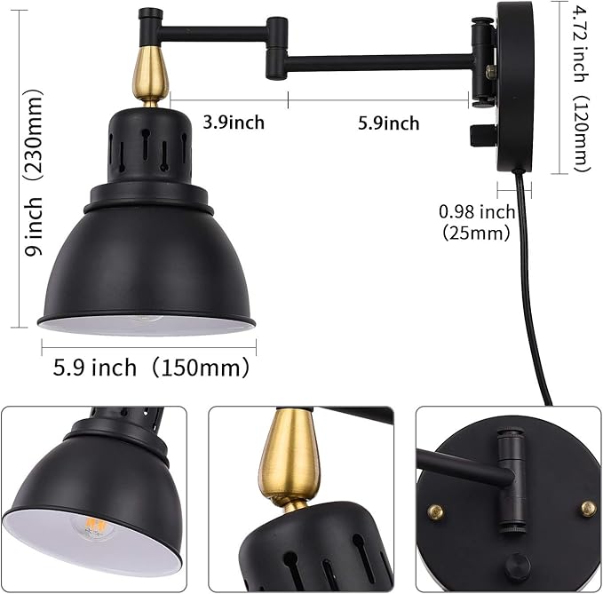 TRLIFE Dimmable Swing Arm Wall Lights with Plug in Cord Wall Mounted Light Industrial Wall Sconce , E26 Base, UL Listed(1 Pack)