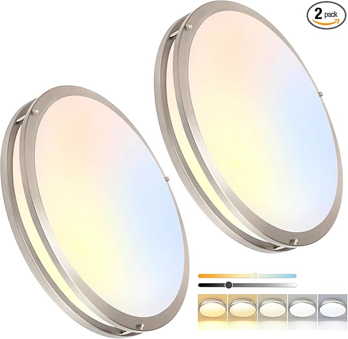 OOWOLF 16inch 48W LED Flush Mount Ceiling Light Fixture Dimmable, 5CCT Super Bright Brushed Nickel Ceiling Light 4800LM Warm/White 480W Equivalent, 3000K/ 3500K/ 4000K/ 5000K/ 6000K Ceiling Lamp