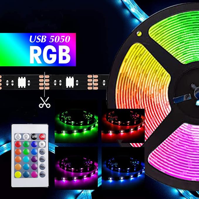 RGB Led Strip 16.4ft,5V USB Colorful 30LED S/M SMD 5050 Flexible Lights for TV Backlight Room Decor，with 24 Keys Remote Controller