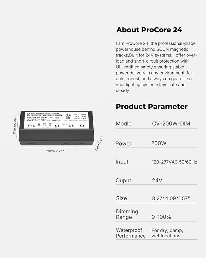 SCON 24V DC 200W LED Power Driver for Track Lighting System | TRIAC/ELV/0-10V Dimmable Supply Transformer Converter Adaptor for LED Lights