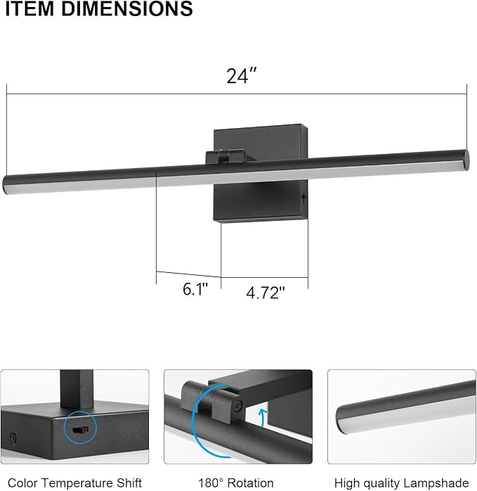 LED Bathroom Vanity Light, Modern Bathroom Light Fixture Over Mirror (3000K/4000K/6000K, Dimmable), Vanity Light Bar with Angle Adjustable, 24 Inch, Black