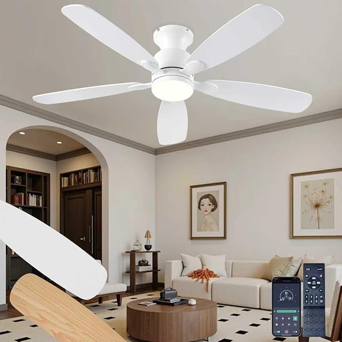 52inch Ceiling Fans with Lights, Low Profile White Ceiling Fan with Light and Remote/APP Control, DC Reversible Motor, Noiseless, Flush Mount Ceiling Fan for Bedroom Living Room Patios