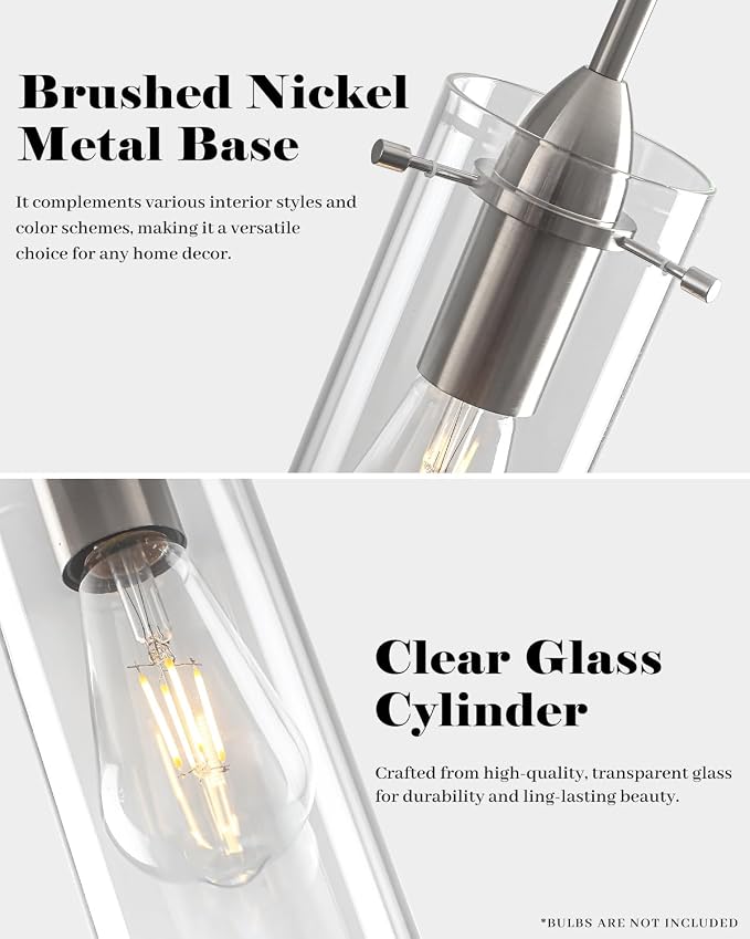 Glass Pendant Lights Kitchen Island 2 Packs, Brushed Nickel Pendant Light, Modern Clear Glass Pendant Light Fixture, Hanging Pendant Lights for Kitchen Island Dining Room Hallway