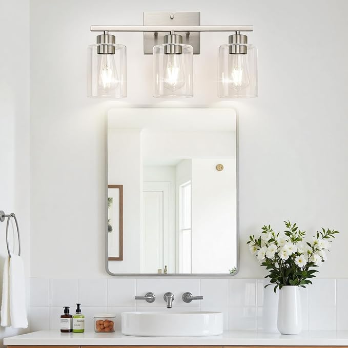 3-Light Bathroom Light Fixtures, Brushed Nickel Vanity Lights, Bathroom Lighting with Clear Glass Shade, Vanity Lighting fixtures for Mirror Kitchen Bedroom Hallway Living Room