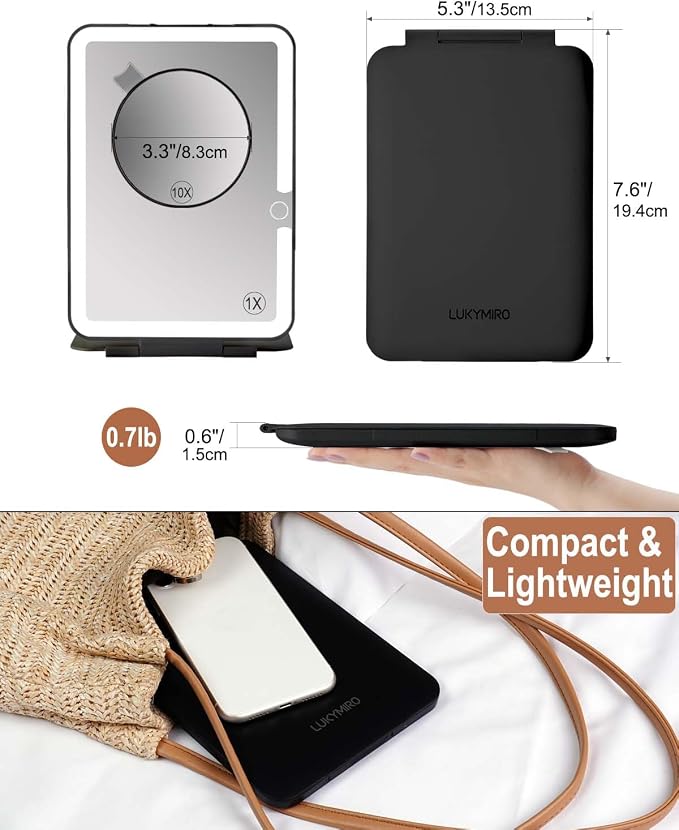 Rechargeable Travel Makeup Mirror with Lights, Portable Lighted Vanity 10X Magnification, 70 LEDs 3 Color Dimmable Touch Screen, Tabletop Folding Compact Cosmetic (ShiningBlack)